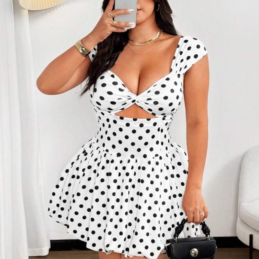Sunnyshic Plus Size Women Twist Design Polka Dot Print Hollow Sexy Dress - Picture 2 of 4
